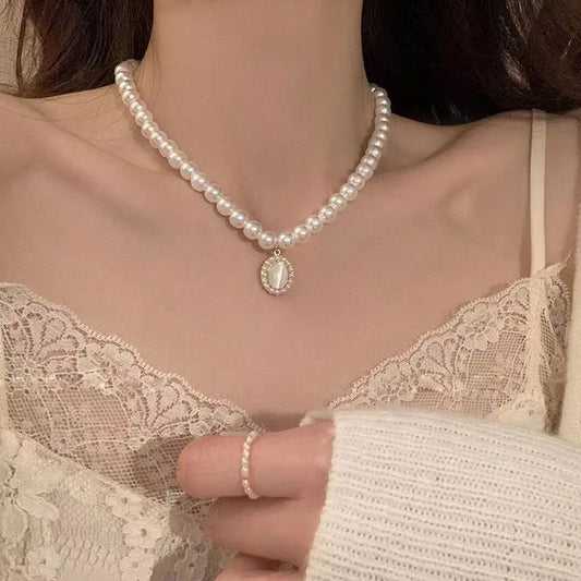 Luckacco Y2k Bowknot Pearl Necklace For Women Elegant Korean Style Rhinestone Heart Pendant Necklace Fashion Wedding Party Jewelry Gift