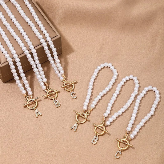 Luckacco Elegant Simulated-pearl Gold Color OT Buckle 26 Letters Pendant Necklace for Women Vintage Choke Collares Jewelry Girls Gifts