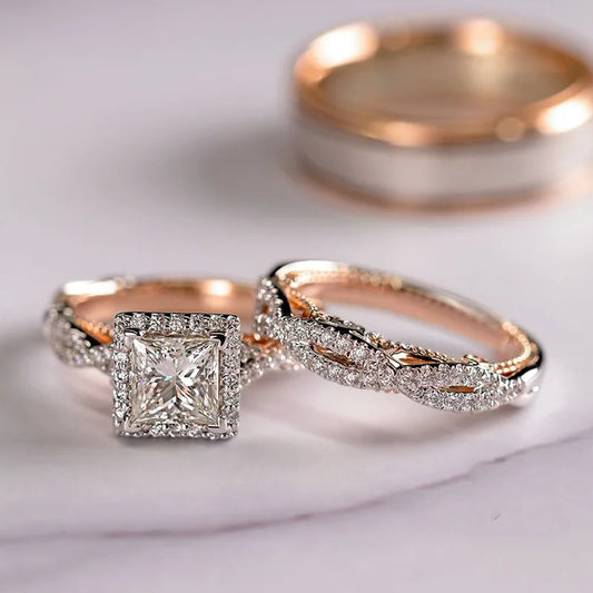 Luckacco 18K Rose Gold Princess Real Diamond Ring for Women Anillos Mujer Bizuteria Gemstone Femme Loves Jewelry Set Rose Gold Rings