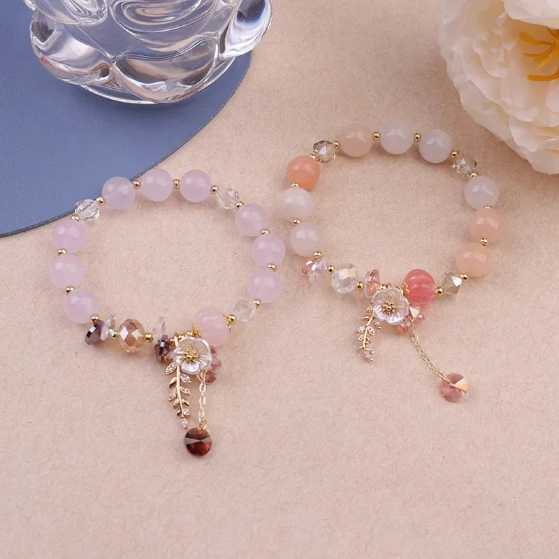 luckacco fashionable natural stone crystal bracelets women's light luxury leaf flower pendant beaded bracelet girlfriend party jewelry