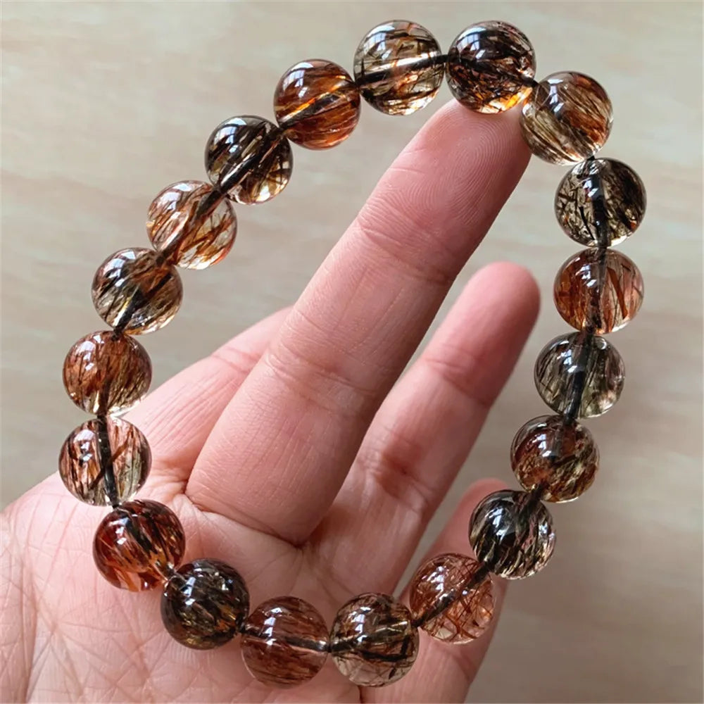 luckacco natural black gold super seven 7 rutilated quartz bracelet woman men copper rutilated rare clear round beads aaaaaaa