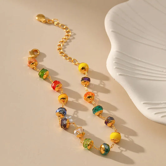 Luckacco Bohemian Multicolour Crystal Beads Bracelet for Women 18k Gold Plated Tourism and Vacation Ethnic Style Jewelry Accessories