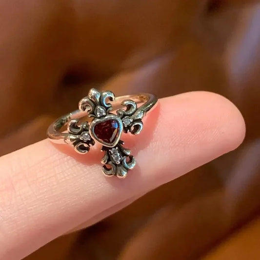Luckacco Y2k Vintage Gothic Red Crystal Cross Geometry Aesthetic Open Rings for Women Punk Creative Grunge Jewelry Accessories Anillos