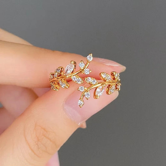 Luckacco Leaf Shape Design Adjustable Opening Rings for Women Sparkling Cubic Zirconia Olive Ring Party Daily Wear Fashion Jewelry