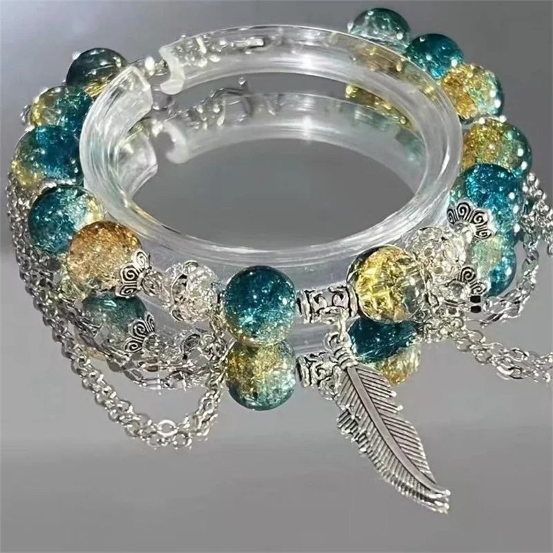 luckacco niche design starfish chain tassel bracelet for women fantasy gradient blue crystal beads elastic rope bracelet student jewelry