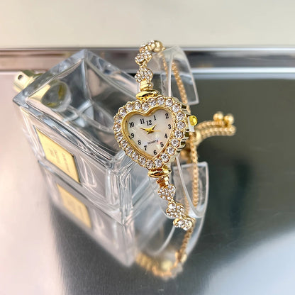 Luckacco Women's Heart Rhinestone Watch with Sparkling Dial & Golden-Tone Alloy Band - Compact Quartz Wristwatch for Everyday Elegance
