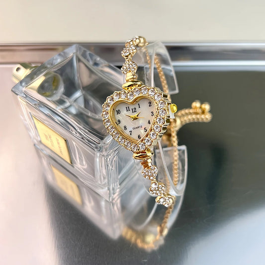 Luckacco Women's Heart Rhinestone Watch with Sparkling Dial & Golden-Tone Alloy Band - Compact Quartz Wristwatch for Everyday Elegance