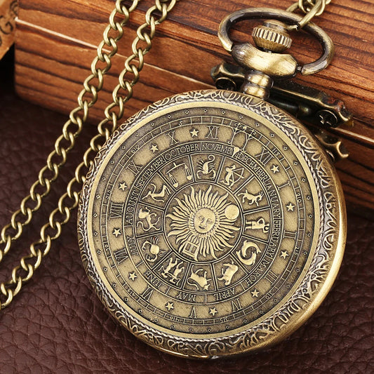 Luckacco Bronze Vintage Tarot Commemorative Pattern Pocket Watch Constellation Lucky Sun Moon Necklace Memorial For Male Kids Relogio Saa
