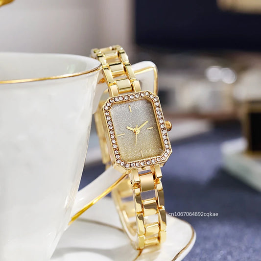 Luckacco Luxury Ladies Brand Watches Fashion Dresses Square Crystal Minimalist Design Women Quartz Watch Stainless Steel Skeleton Clock