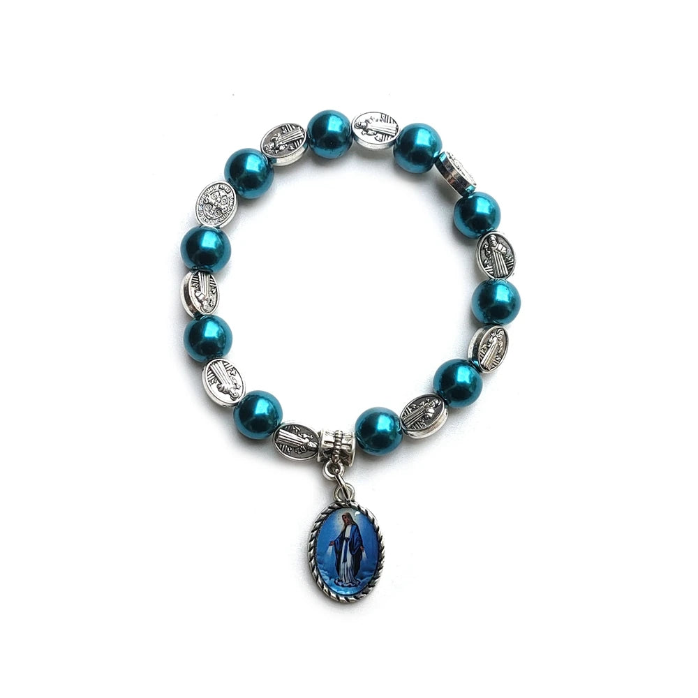 luckacco holy father mother pendant glass pearl beads strand elastic bracelet for men women religious jewelry