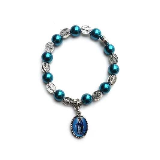 Luckacco Holy Father Mother Pendant Glass Pearl Beads Strand Elastic Bracelet For Men Women Religious Jewelry