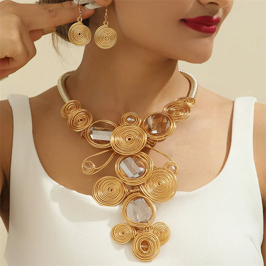 Luckacco New Exaggerate Aluminium Flower Colorful Jewelry Set for Women African Bridal Necklace Earrings Set Party Jewellery Gifts