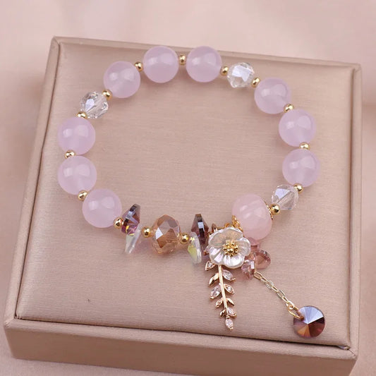 Luckacco Fashionable Natural Stone Crystal Bracelets Women's Light Luxury Leaf Flower Pendant Beaded Bracelet Girlfriend Party Jewelry