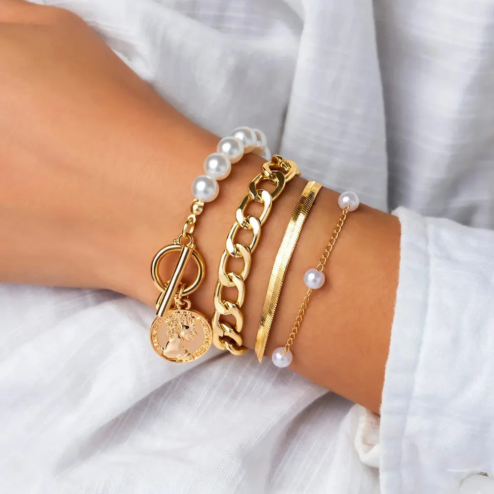 luckacco 4pcs set imitation pearl chain beaded bracelet for women new temperament gold color stainless steel bangle jewelry accessories
