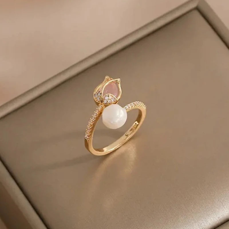 luckacco korean trend tulip flower imitation pearl rings for women elegant simple adjustable opening finger ring party wedding jewelry