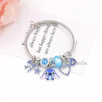 Luckacco Disney Cartoon Cute Crystal Stitch Heart Bowknot Charms Bracelets for Women Girls Stainless Steel Bangle Jewelry Gifts for Fans