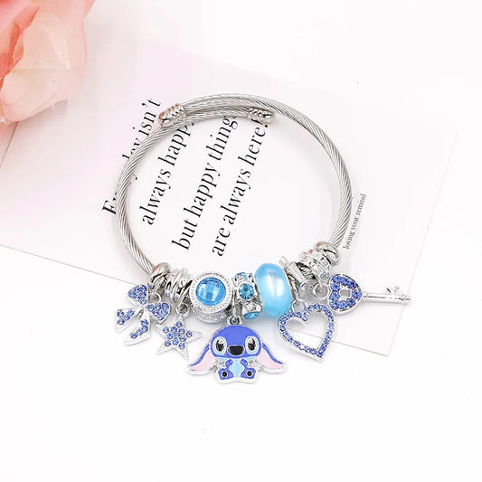 Luckacco Disney Cartoon Cute Crystal Stitch Heart Bowknot Charms Bracelets for Women Girls Stainless Steel Bangle Jewelry Gifts for Fans