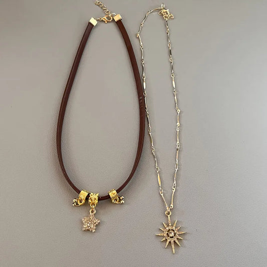 Luckacco Sun Star Zircon Necklace for Women Vintage Leather Necklace Double Layered Pendant Chain Choker Fashion Jewelry