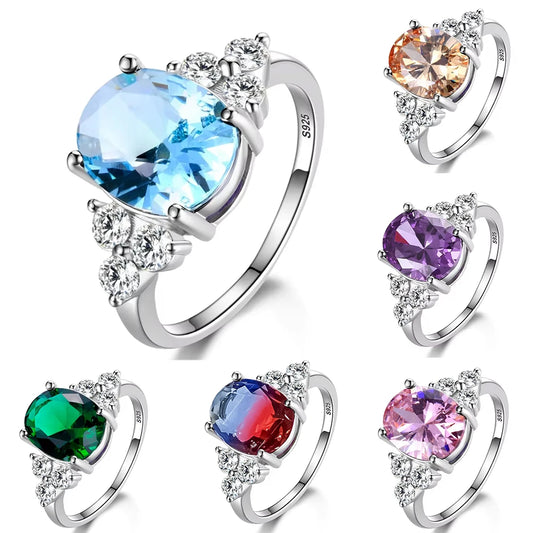 Luckacco 925 Sterling Silver Rings for Woman Luxury Blue Crystal Female Cubic Zirconia Women Sterling 925 Silver Colorful Zircon Ring
