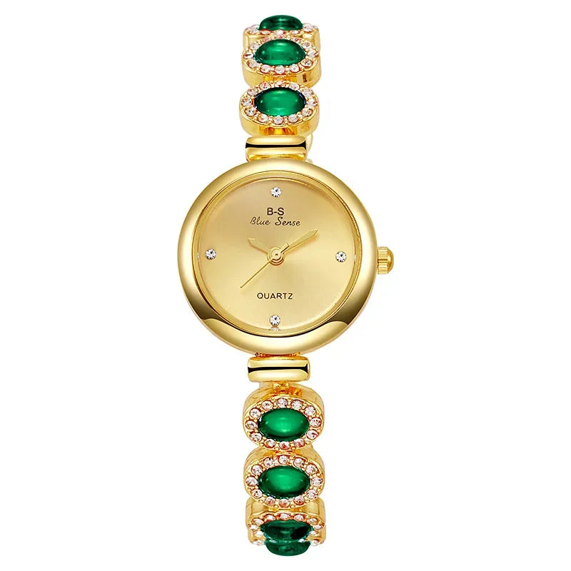 luckacco famous brand women's quartz watches luxury green gemstone bracelet watch gift female wristwatch  relojes para mujer