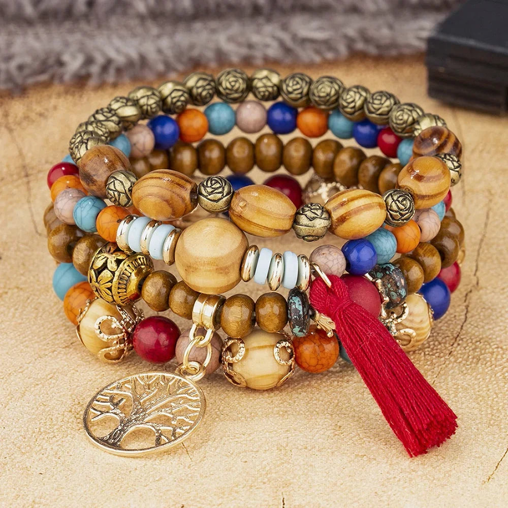 luckacco boho tree of life bracelet set for women fashion tassels charm wooden beads elastic chain bangle girl trendy party jewelry