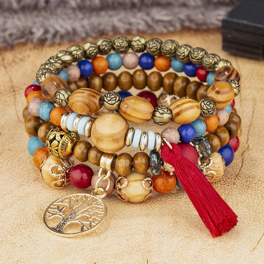 Luckacco Boho Tree Of Life Bracelet Set For Women Fashion Tassels Charm Wooden Beads Elastic Chain Bangle Girl Trendy Party Jewelry