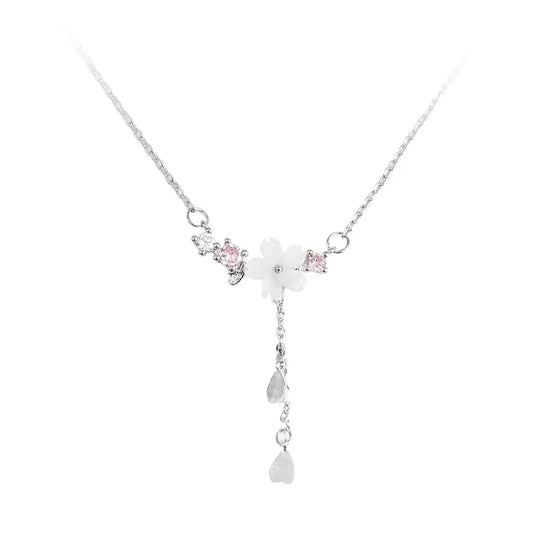 Luckacco 925 Sterling Silver Inlaid Zircon Necklaces for Women Romantic Cherry Blossom Pendant Clavicle Chain Choker Jewelry