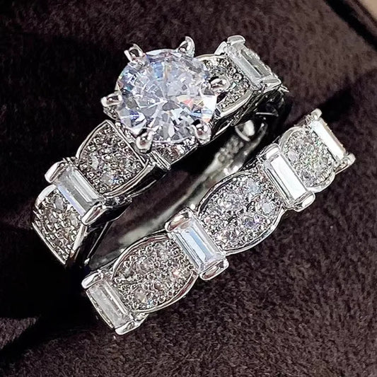 Luckacco Gorgeous Silver Color Inlaid with White Stone Rings Set Fashion Round Party Engagement Wedding Rings for Women Jewelry
