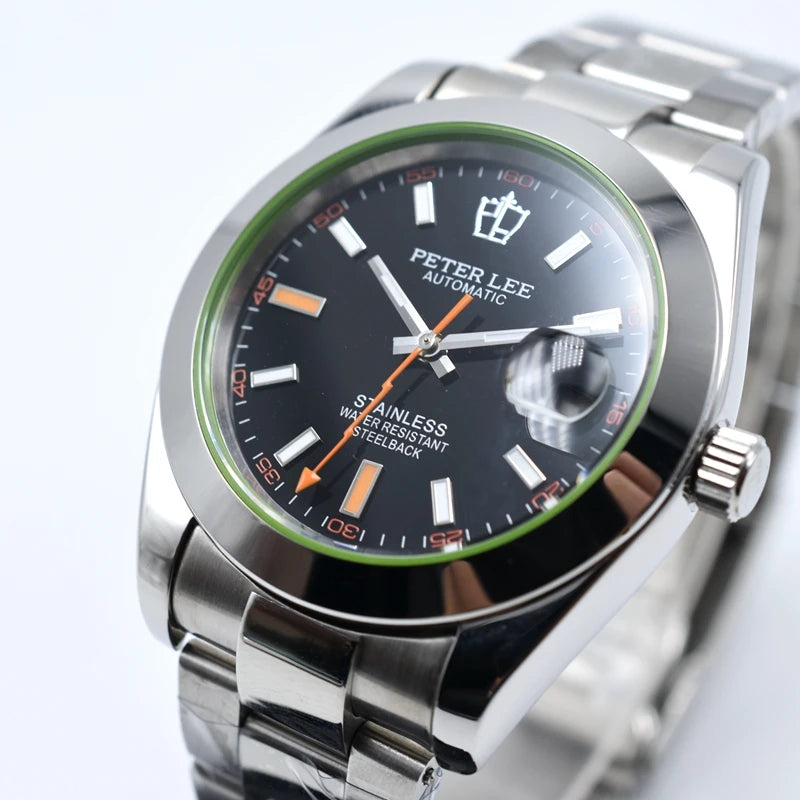 luckacco automatic movement vintage milgauss watches for man green sapphire glass mechanical wristwatches luminous 40mm watch relojes