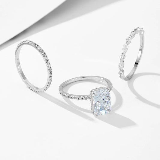 Luckacco Wong Rain Solid 925 Sterling Silver Crushed Ice Cut 7*10MM Lab Sapphire Gemstone Ring Sets 3Pcs Fine Jewelry Wedding Party Gifts