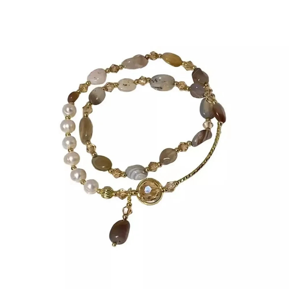 luckacco 2pcs set luxury natural stone pearl beaded bracelet for women bohemia charm crystal pendant holiday jewelry beach accessory gift