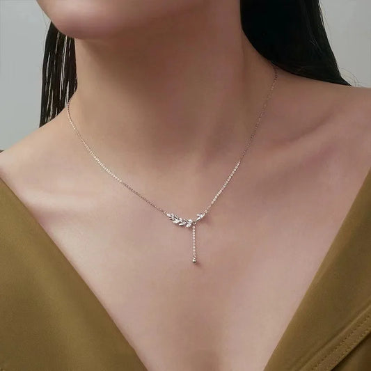 Luckacco 925 Sterling Silver Tree Branch Necklace Simple Charm Zirconia Botanical Pendant Choker Birthday Party Gift Ladies Fine Jewelry