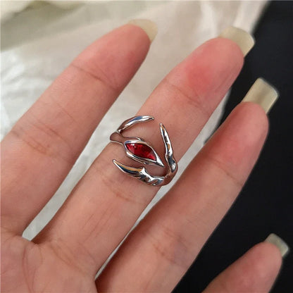 Luckacco Goth Punk Retro Red Crystal Love Heart Cross Geometry Irregular Open Ring Set Y2K Halloween Accessories For Women Kpop Jewelry