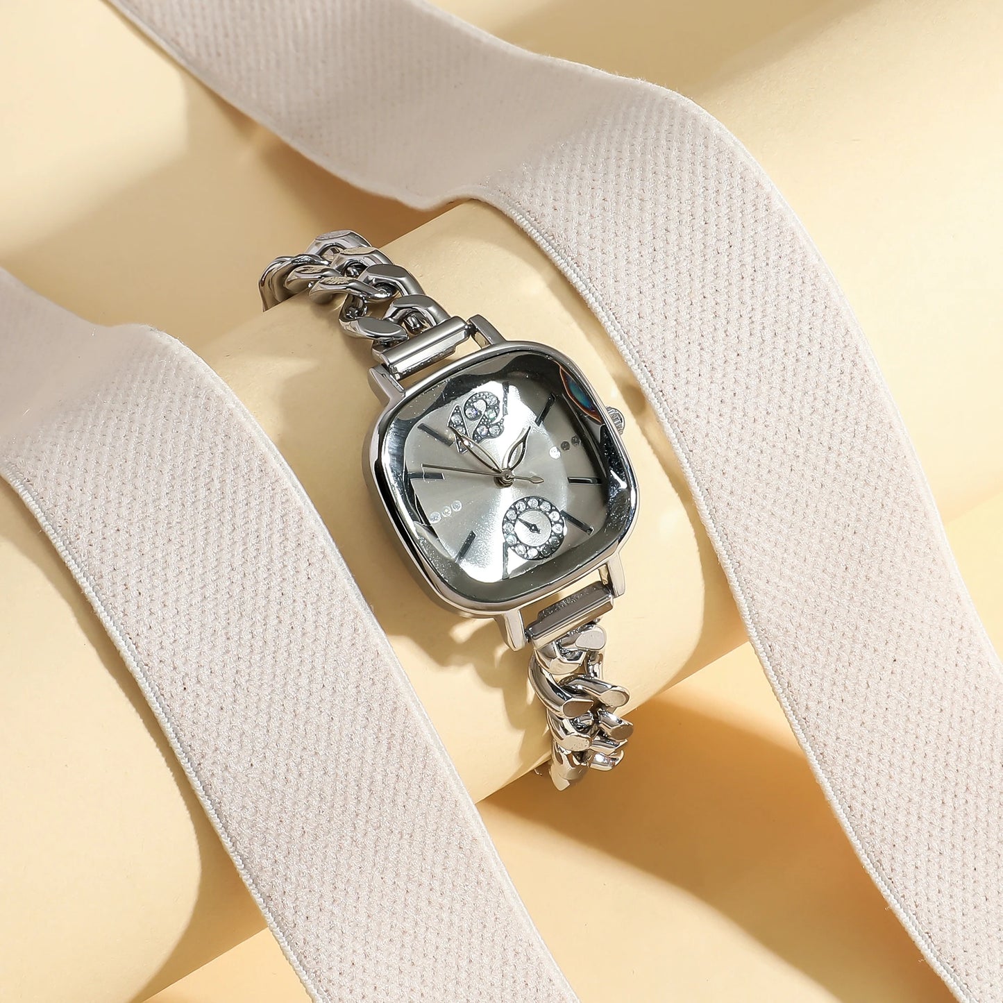 luckacco ladies' light luxury fashion bar scale square dial buckle steel strap quartz watch.