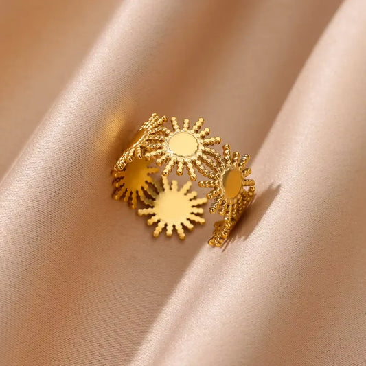 Luckacco Elegant Stainless Steel Big Bloom Flower Rings For Women Gold Color Sun Starfish Open Ring Finger Jewelry Wedding Her Gift Punk