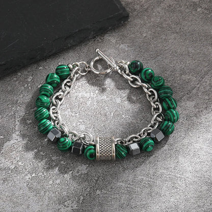Luckacco 2Pcs/Set Natural Chakra Energy Stone Health Slimming Magnetic Therapy Men's Beaded Stainless Steel Bracelet Biomagnetic Bracelet