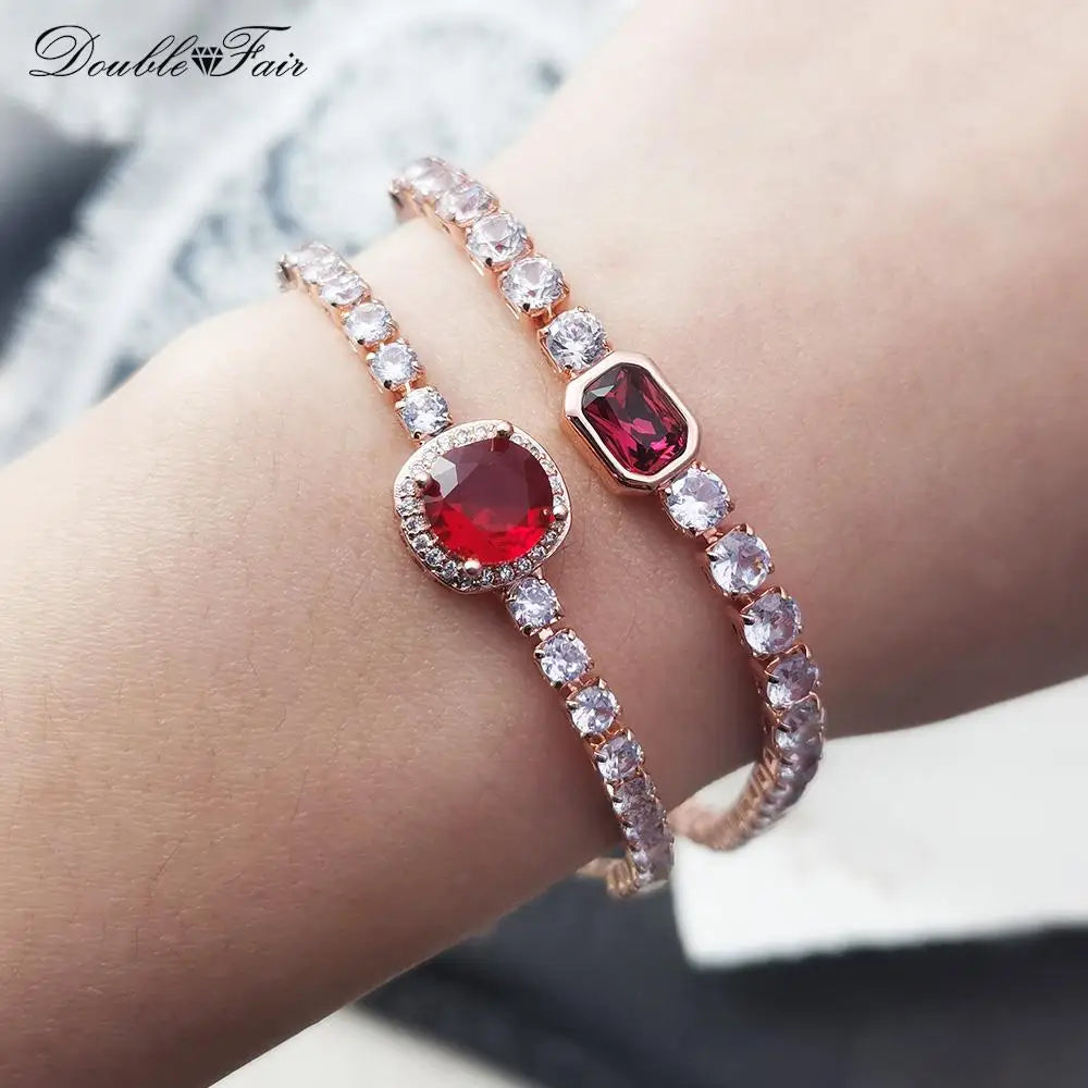 luckacco designer red zirconia short tennis bracelets for women men dazzling crystal adjustable chain on hand party daily gifts jewelry