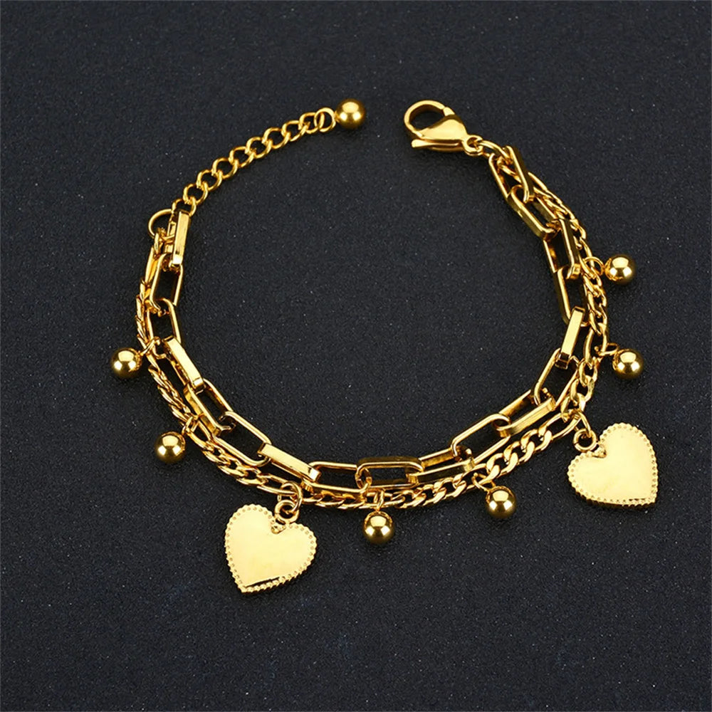 luckacco punk double layer love heart charm bracelet female 19cm gold silver color stainless steel chain link bracelets for women jewelry
