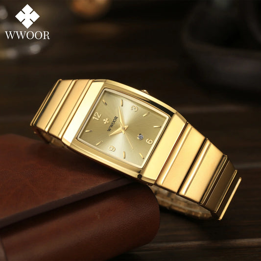 Luckacco Relogio Masculino WWOOR New Man's Square Watch For Men with Automatic Date Luxury Stainless Steel Gold Mens Quartz Wrist Watches