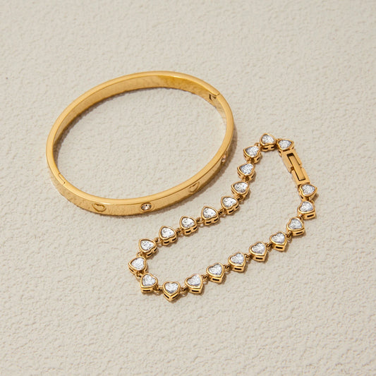 Luckacco Uworld Fashion Trend Zircon Heart Tennis Chain Bracelet 18K Gold Color Plated Stainless Steel Round Chain Stackable Bracelet Wom
