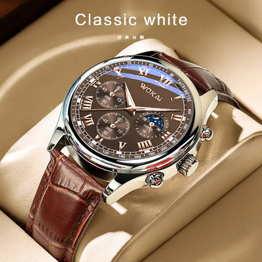 Luckacco Fashion Business Watches Fake Three-Eye Roman Numerals Dial Clock Leather Strap Quartz Watch for Men Wristwatch Часы Мужские