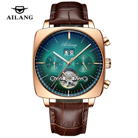 Luckacco AILANG Fashion Green Big Dial Square Mechanical Watch for Men Leather Strap Waterproof Tourbillon Watches Mens Relogio Masculino