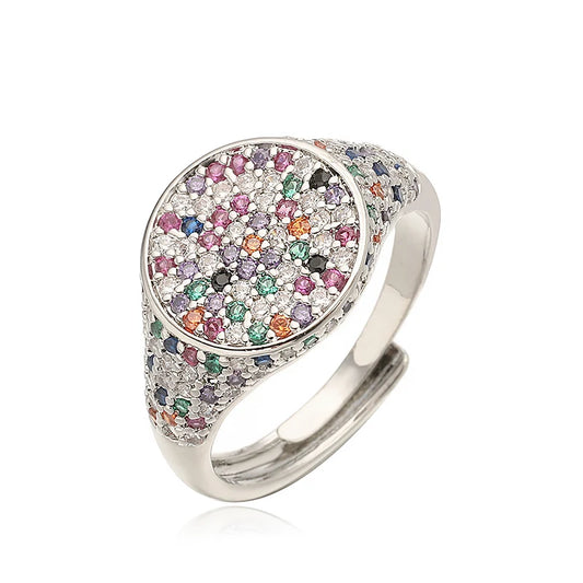 Luckacco HECHENG,13×22MM Copper Electroplated 18K Gold Multi-colour Zirconia Ring Unisex Couple Adjustable Luxury Jewellery 1 Piece
