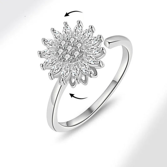 Luckacco Fashion Fidget Spinner Ring Anxiety for Women Multiple Crystal Sunflower Finger Rings Rotate Anti Stress Jewelry Wedding Gift
