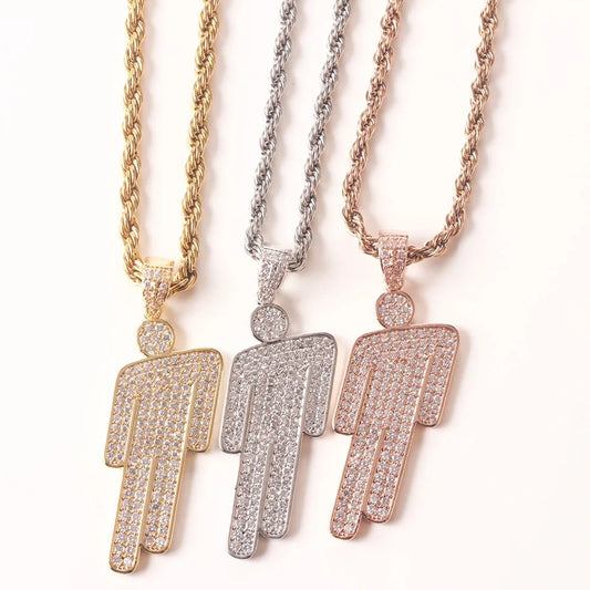 Luckacco Hip Hop Necklace,Stainless Steel Round Head Zircon Couple Pendant Necklace,Skew Head Pendant Full of Zircon Chaoren Necklace