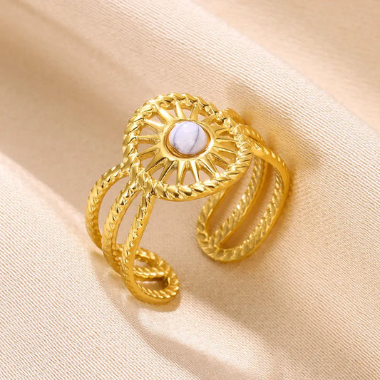 Luckacco Vintage Turquoise Wide Ring for Women Gold Color Stainless Steel Wheat Ear Adjustable Open Ring Fashion Party Jewelry Gift