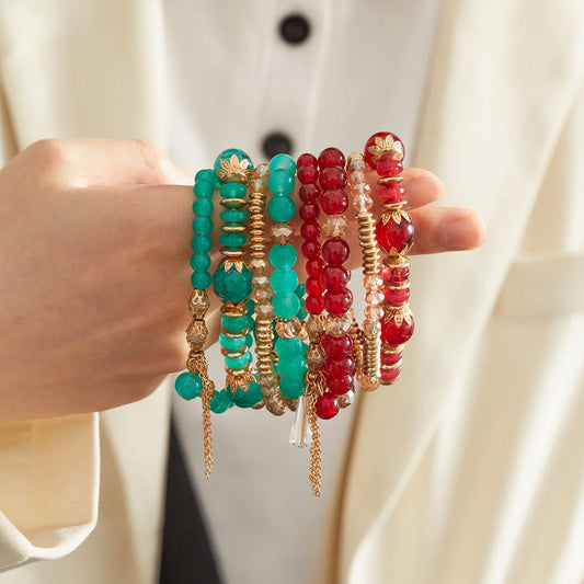 Luckacco Bohemian 4pcs Crystal Multi-layer Beaded Bracelet for Women Sweet Girls Colorful Round Shape Jewelry Friendship  Gifts