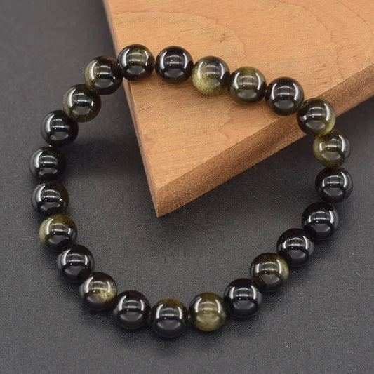Luckacco Natural Golden Obsidian Stone Beads Bracelet Men Women Golden Light Rainbow Obsidian Tourmaline Wealth Money Round Jewelry Gift