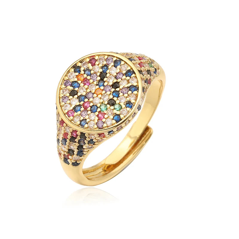 luckacco hecheng,13×22mm copper electroplated 18k gold multi-colour zirconia ring unisex couple adjustable luxury jewellery 1 piece