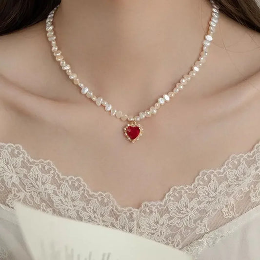 Luckacco Hot Sale Irregular Freshwater Pearl Red CZ Zircon Heart Pendant Necklaces for Women 14K Real Gold Plated Copper Choker